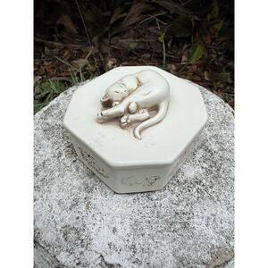 Vintage Sleeping Cat Trinket Box Dish Octagon, Facsimilies Ltd Kitty Kitten Art